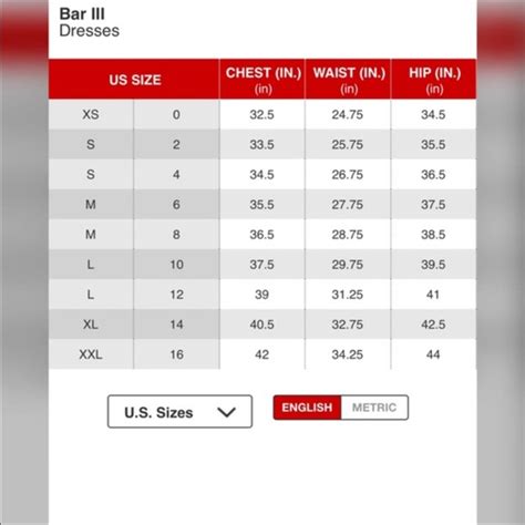 bar iii size chart.